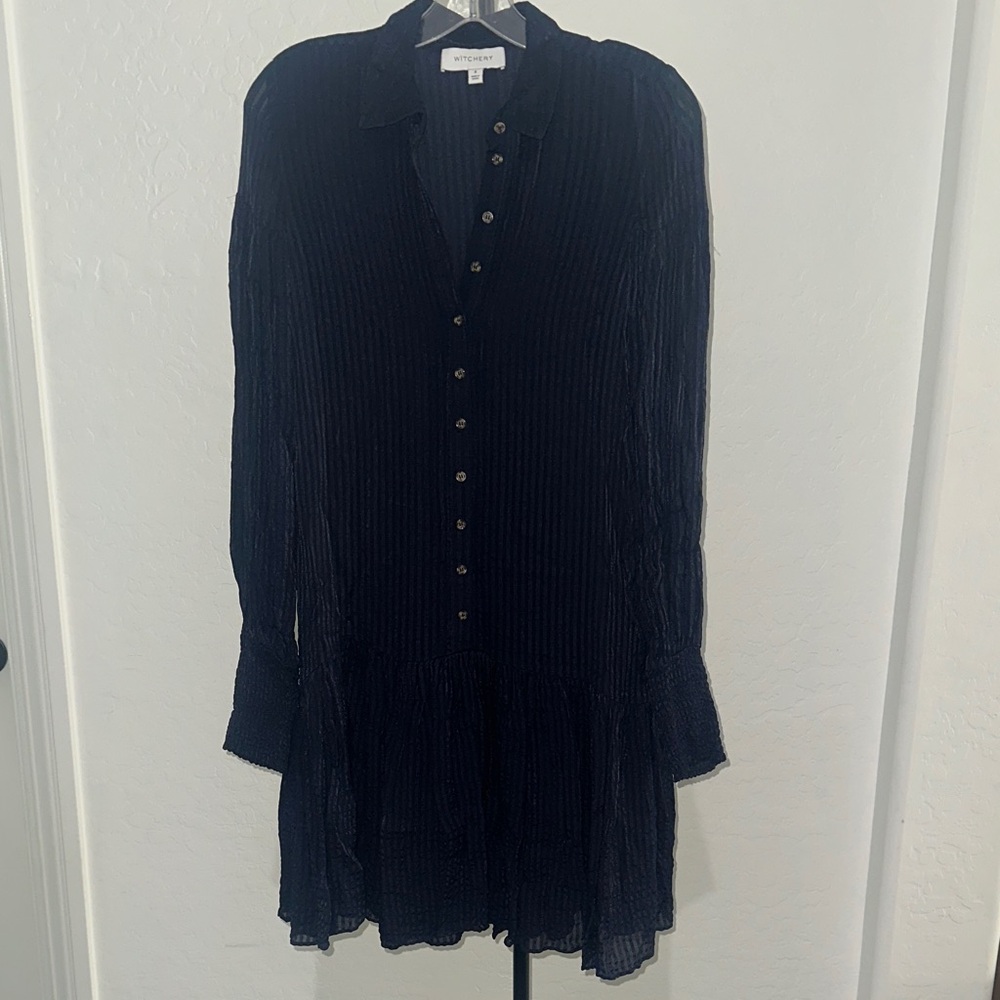 WITCHERY Stripe Pintuck Dress Navy Drop Shoulder, Waist Dress Button Front Sz 8 - Picture 5 of 15